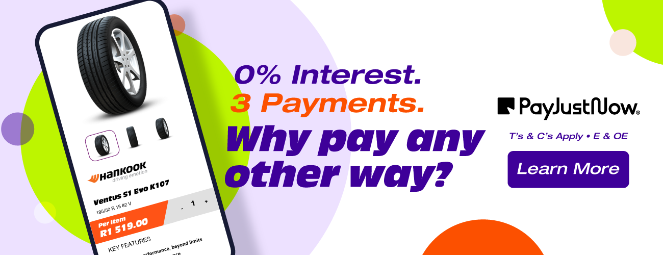 PayJustNow: A smartphone browsing a tyre store online on an abstract background