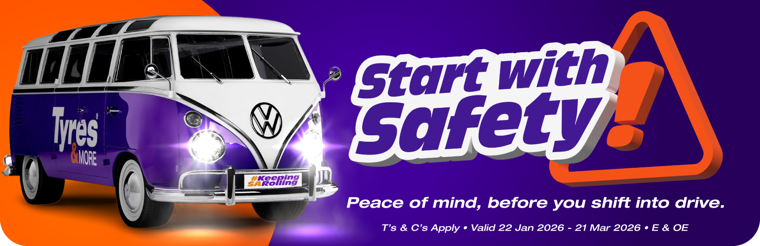 Start with Safety Start with Safety: A VW Van with shining headlights.